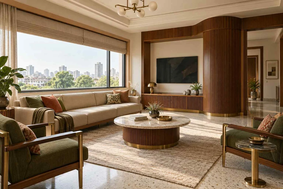 AI-generated living room design concept: wide window living, urban deco direction