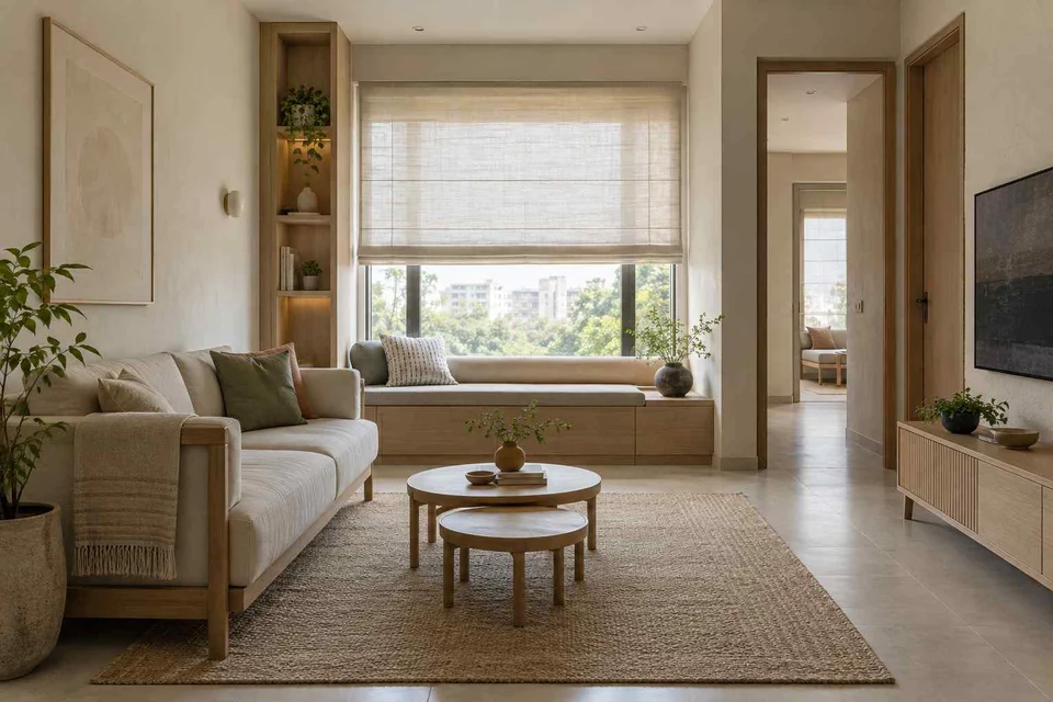 AI-generated living room design concept: window bay lounge, ash and linen direction