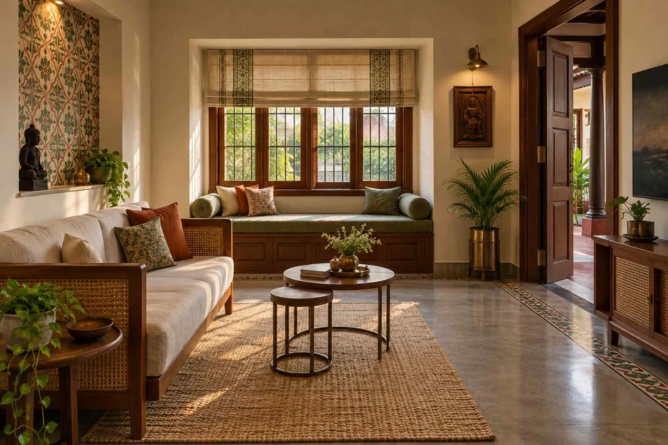 AI-generated living room design concept: window bay lounge, chettinad tile direction