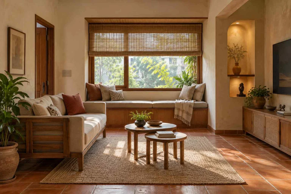 AI-generated living room design concept: window bay lounge, clay artisan direction