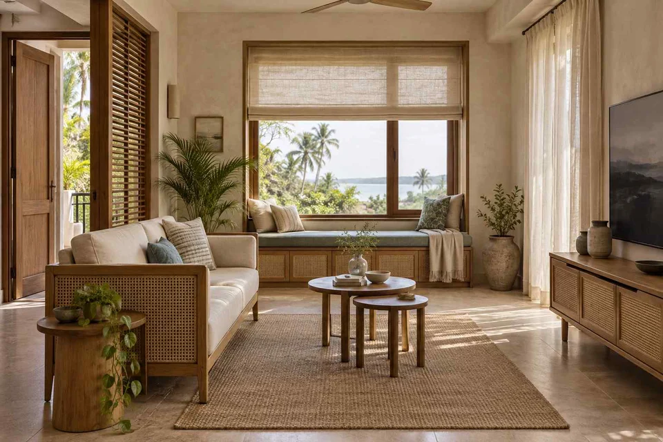 AI-generated living room design concept: window bay lounge, coastal woven direction