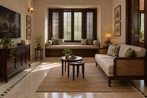 AI-generated living room design concept: window bay lounge, colonial quiet direction