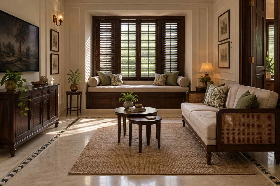 AI-generated living room design concept: window bay lounge, colonial quiet direction