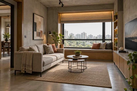 AI-generated living room design concept: window bay lounge, concrete and oak direction