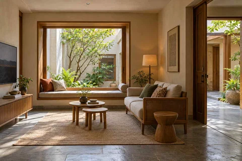 AI-generated living room design concept: window bay lounge, courtyard modern direction