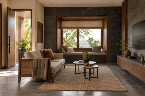 AI-generated living room design concept: window bay lounge, deccan stone direction