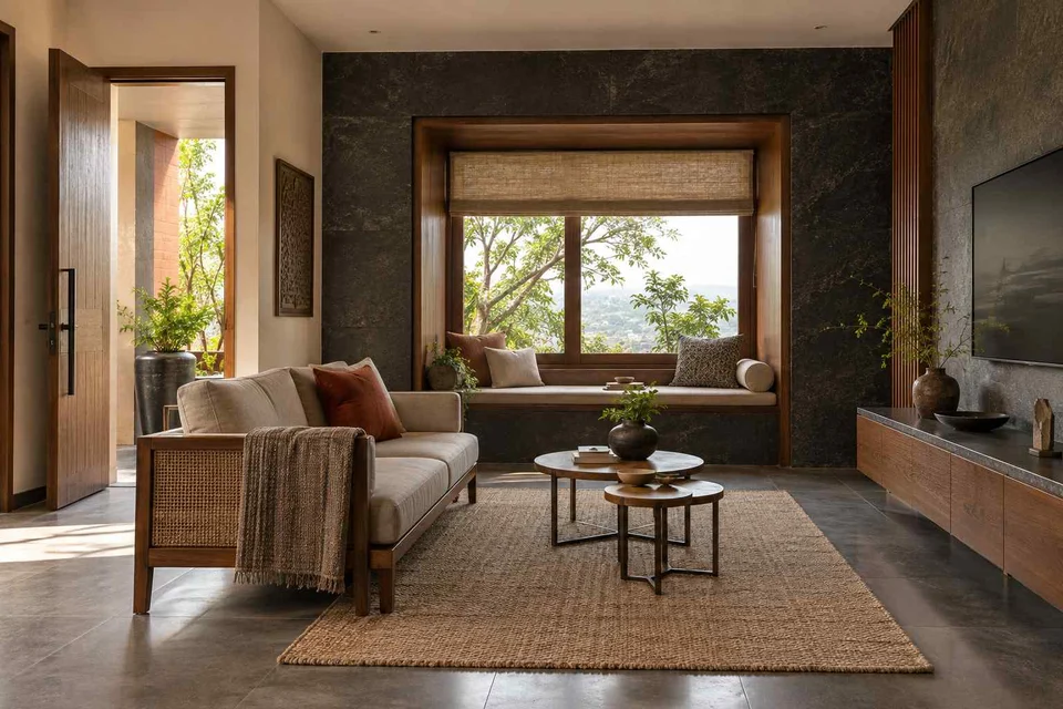 AI-generated living room design concept: window bay lounge, deccan stone direction