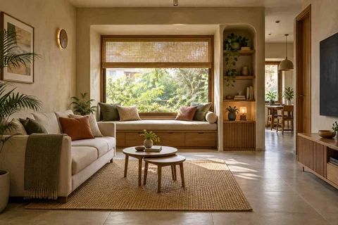 AI-generated living room design concept: window bay lounge, earth and bamboo direction