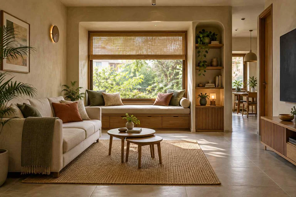 AI-generated living room design concept: window bay lounge, earth and bamboo direction