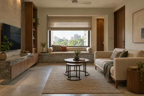 AI-generated living room design concept: window bay lounge, granite precision direction