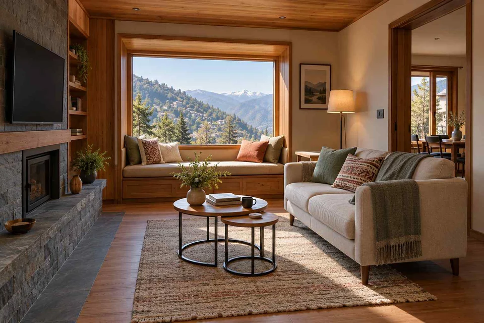 AI-generated living room design concept: window bay lounge, hill timber direction