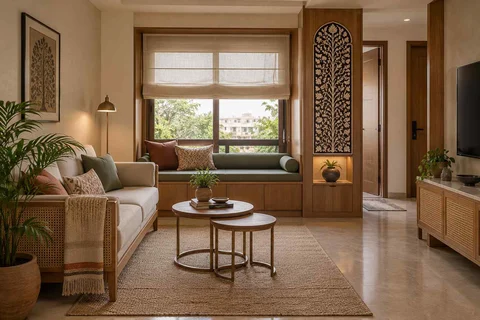 AI-generated living room design concept: window bay lounge, inlay atelier direction