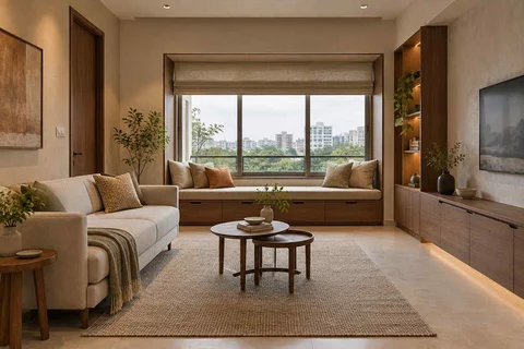 AI-generated living room design concept: window bay lounge, lime and walnut direction