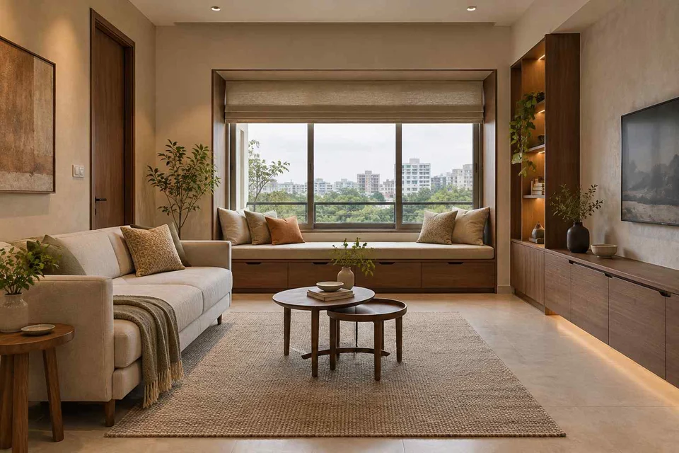 AI-generated living room design concept: window bay lounge, lime and walnut direction