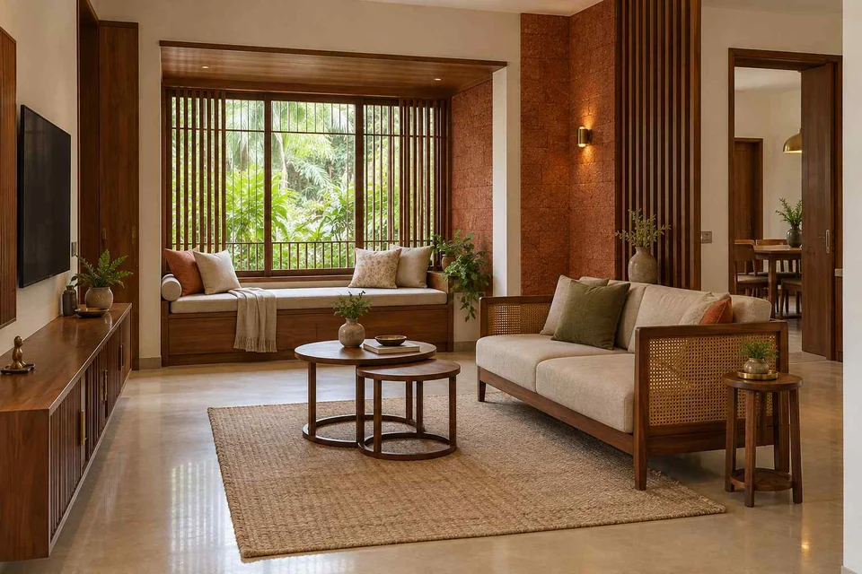 AI-generated living room design concept: window bay lounge, malabar timber direction