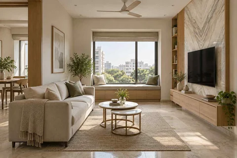 AI-generated living room design concept: window bay lounge, marble restraint direction