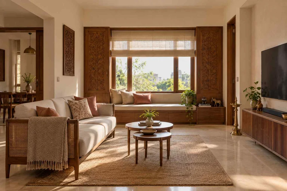 AI-generated living room design concept: window bay lounge, modern carved direction