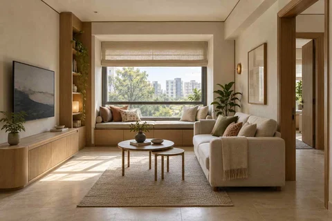 AI-generated living room design concept: window bay lounge, quiet contemporary direction