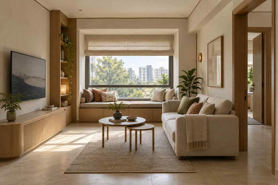AI-generated living room design concept: window bay lounge, quiet contemporary direction