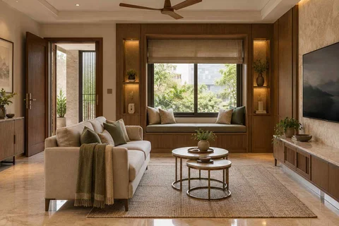 AI-generated living room design concept: window bay lounge, quiet transitional direction
