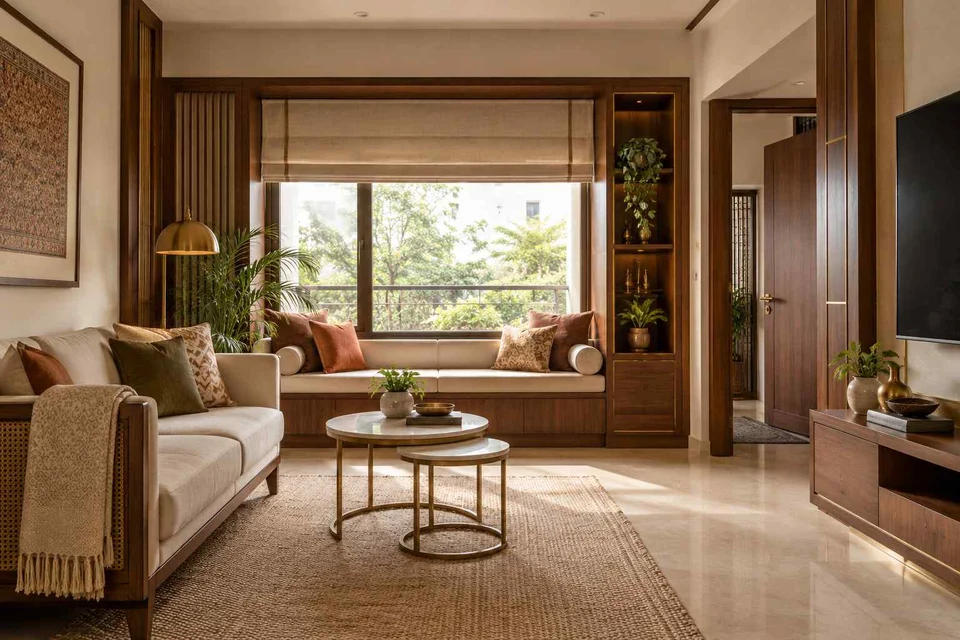 AI-generated living room design concept: window bay lounge, rosewood brass direction