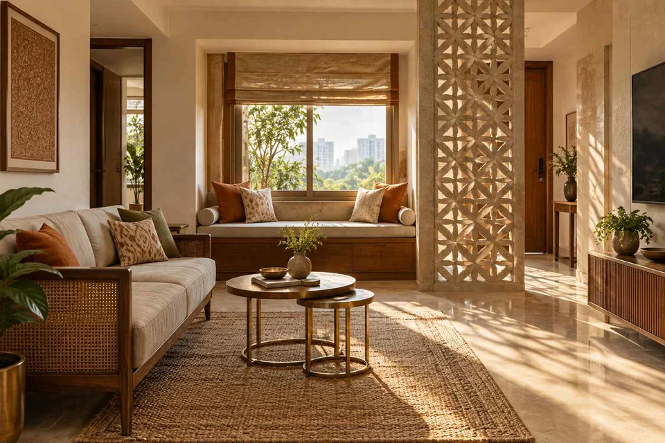 AI-generated living room design concept: window bay lounge, sandstone lattice direction