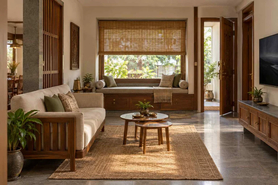 AI-generated living room design concept: window bay lounge, teak craft direction