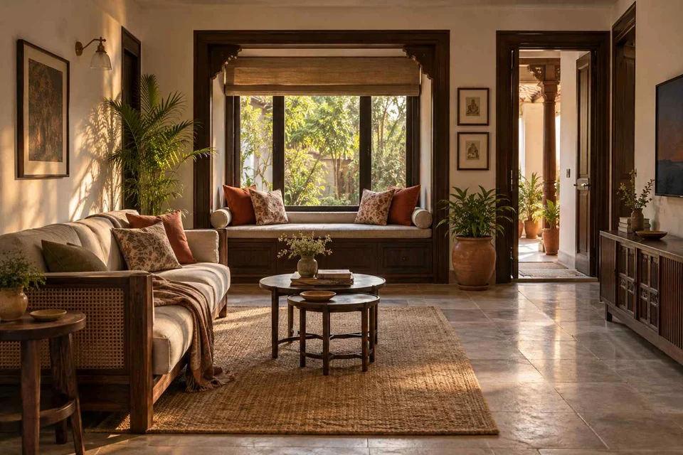 AI-generated living room design concept: window bay lounge, terracotta heritage direction