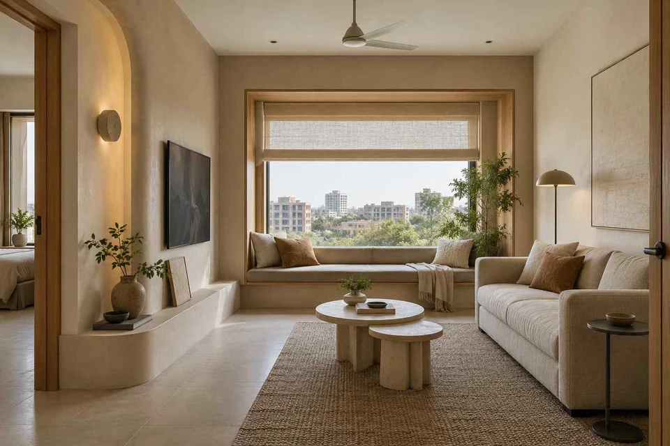 AI-generated living room design concept: window bay lounge, textured mineral direction