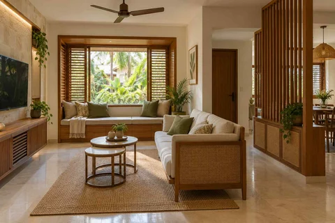 AI-generated living room design concept: window bay lounge, tropical slatted direction