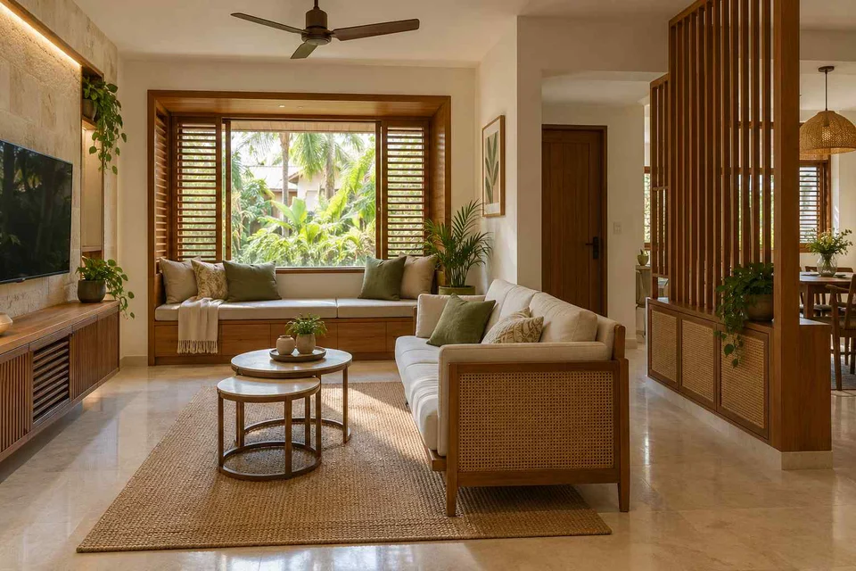 AI-generated living room design concept: window bay lounge, tropical slatted direction
