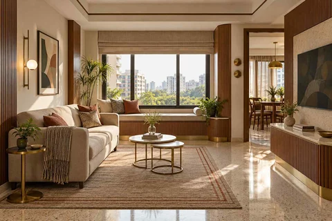 AI-generated living room design concept: window bay lounge, urban deco direction