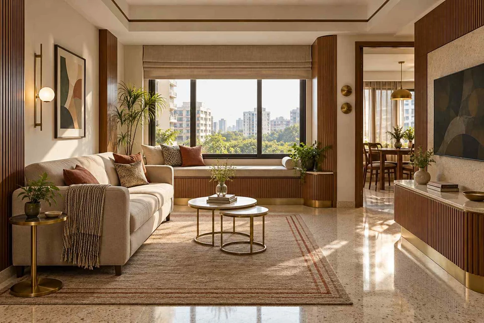 AI-generated living room design concept: window bay lounge, urban deco direction