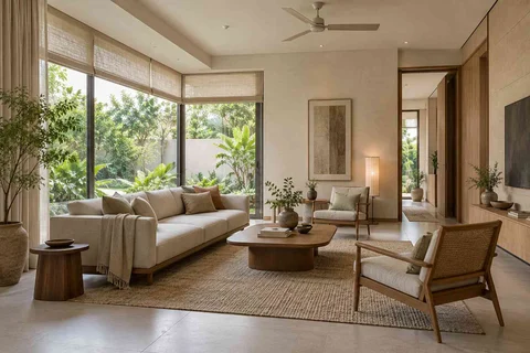 AI-generated living room design concept: wraparound window living, ash and linen direction