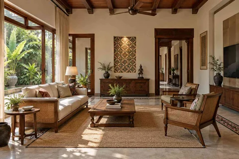 AI-generated living room design concept: wraparound window living, chettinad tile direction