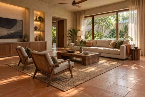 AI-generated living room design concept: wraparound window living, clay artisan direction