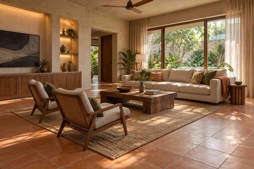 AI-generated living room design concept: wraparound window living, clay artisan direction