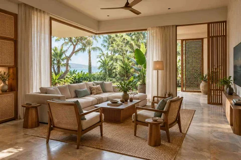 AI-generated living room design concept: wraparound window living, coastal woven direction