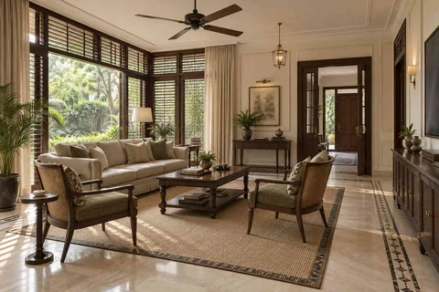 AI-generated living room design concept: wraparound window living, colonial quiet direction