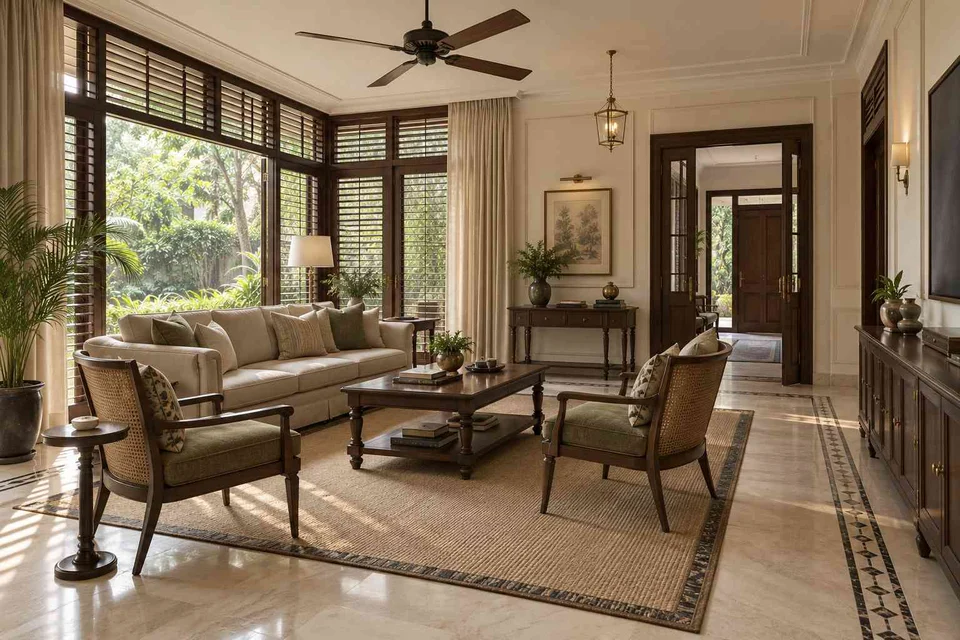 AI-generated living room design concept: wraparound window living, colonial quiet direction