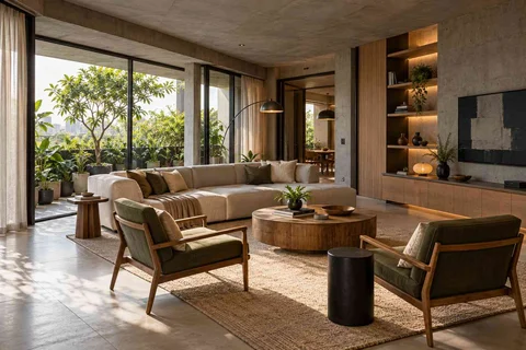 AI-generated living room design concept: wraparound window living, concrete and oak direction