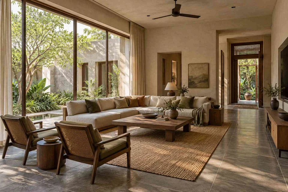 AI-generated living room design concept: wraparound window living, courtyard modern direction