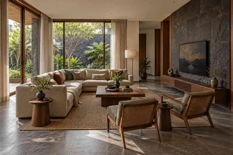 AI-generated living room design concept: wraparound window living, deccan stone direction