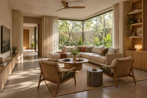 AI-generated living room design concept: wraparound window living, earth and bamboo direction