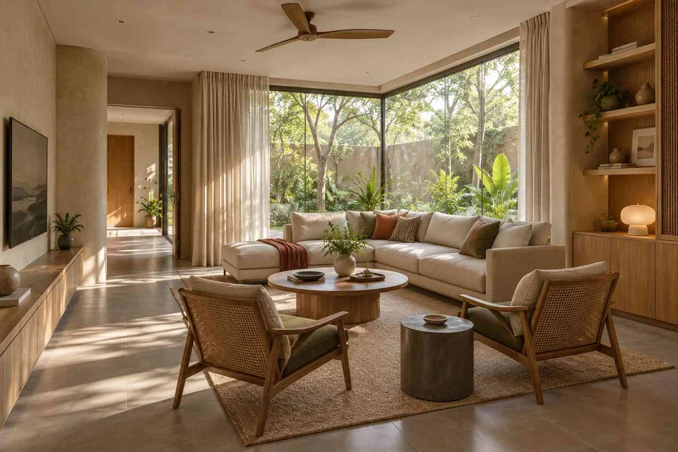 AI-generated living room design concept: wraparound window living, earth and bamboo direction