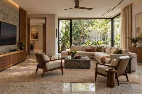 AI-generated living room design concept: wraparound window living, granite precision direction