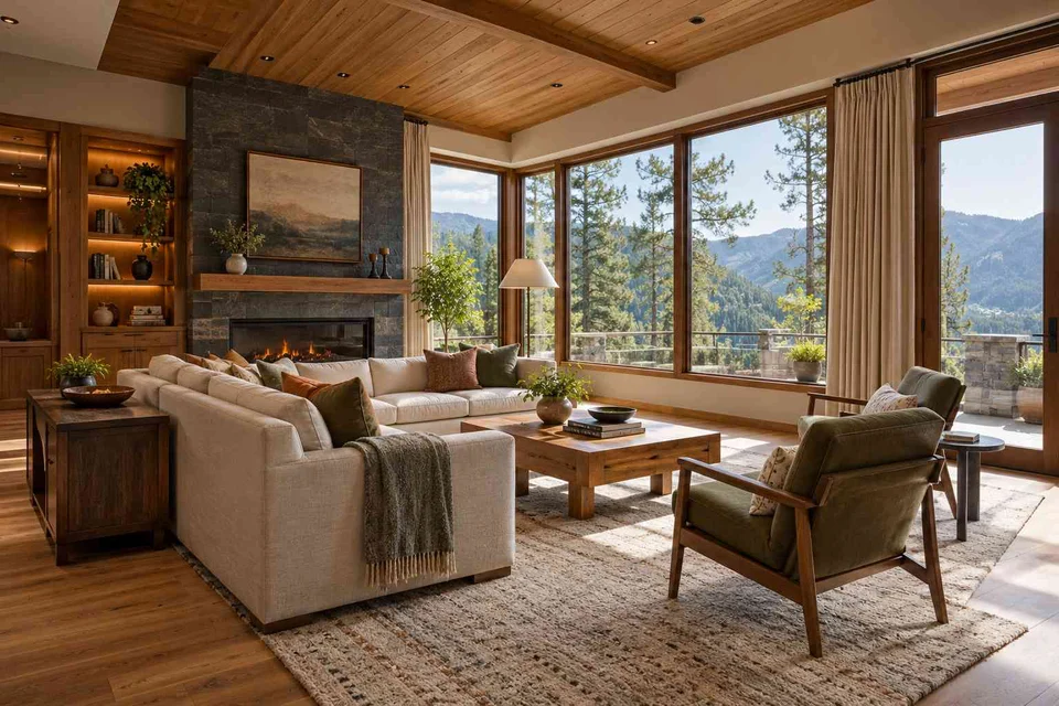 AI-generated living room design concept: wraparound window living, hill timber direction