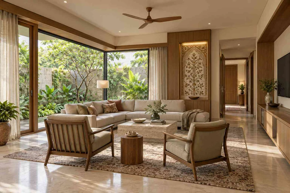 AI-generated living room design concept: wraparound window living, inlay atelier direction
