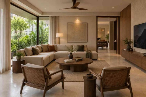 AI-generated living room design concept: wraparound window living, lime and walnut direction