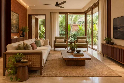 AI-generated living room design concept: wraparound window living, malabar timber direction